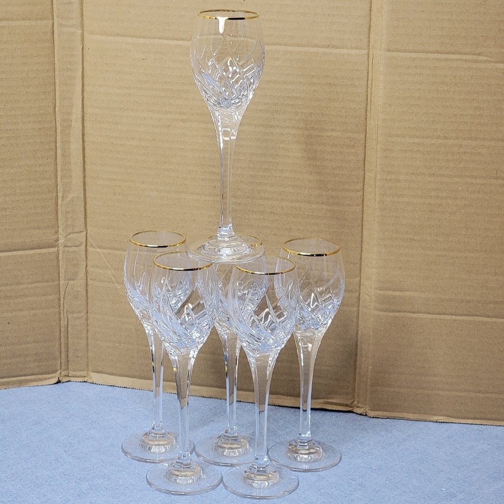 6 - Mikasa Preview Gold Cordial Glasses Cut Crystal Liqueur EUC